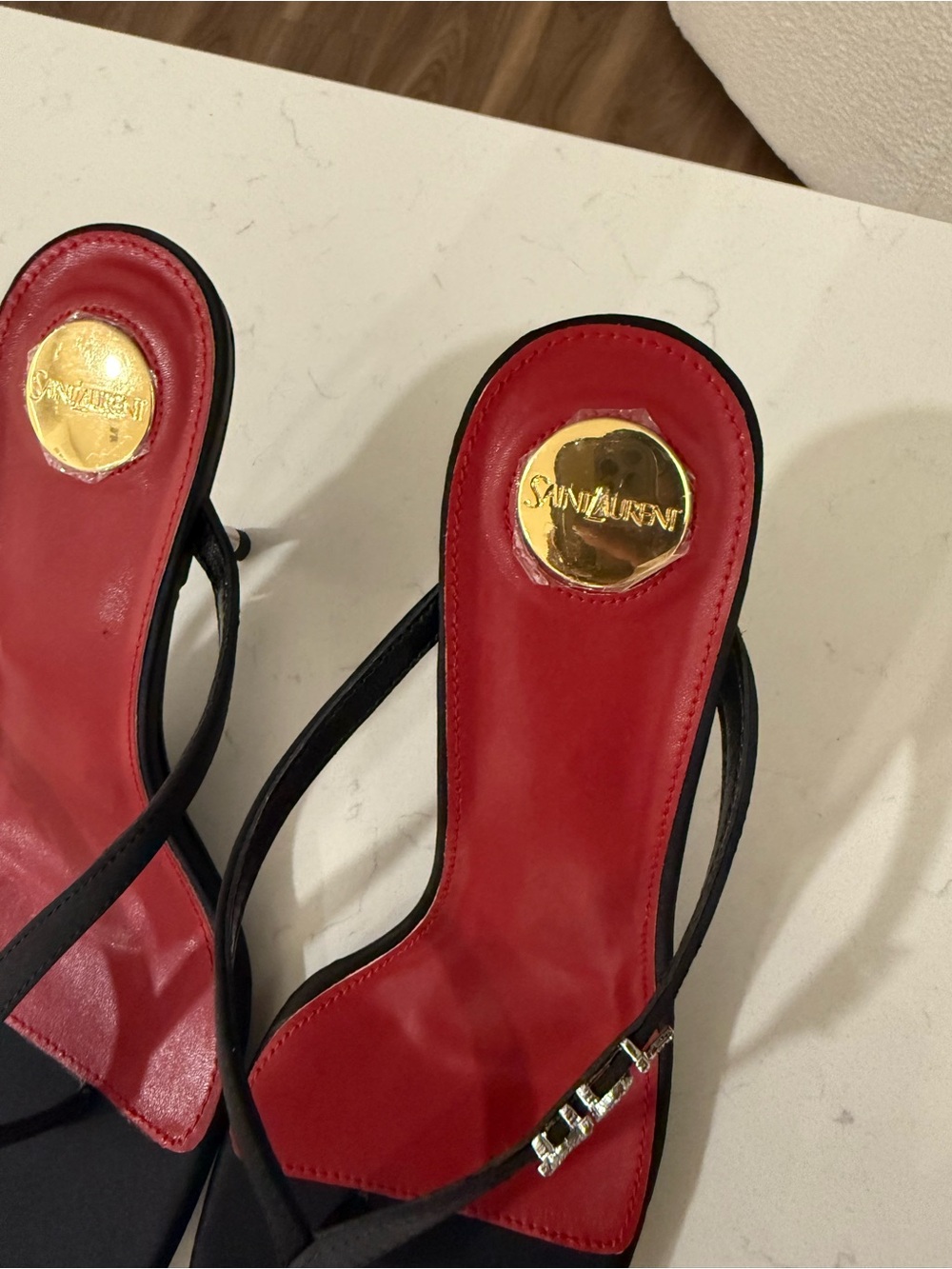 Saint Laurent Black Heeled Slingback Sandals with Red Footbed - Picture 7 of 8